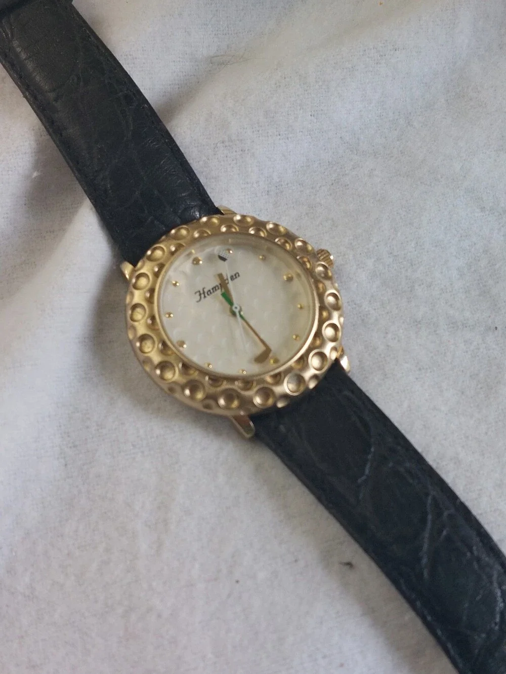 Vintage Estate Hampden Gold Golf Watch Golf Ball Bezel Leather Strap Works